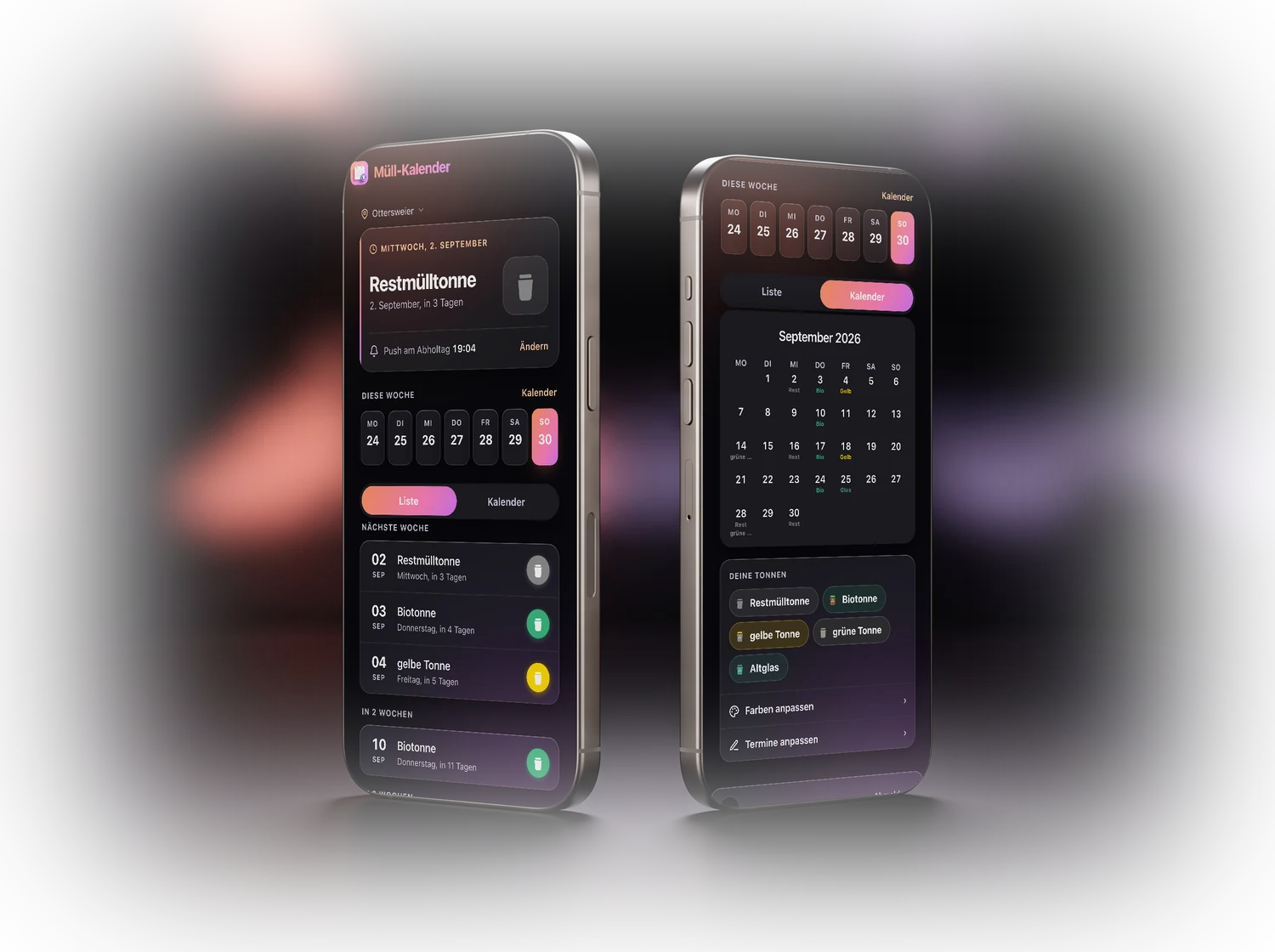 Müll-Kalender auf zwei iPhones: Startbildschirm und Kalenderansicht
