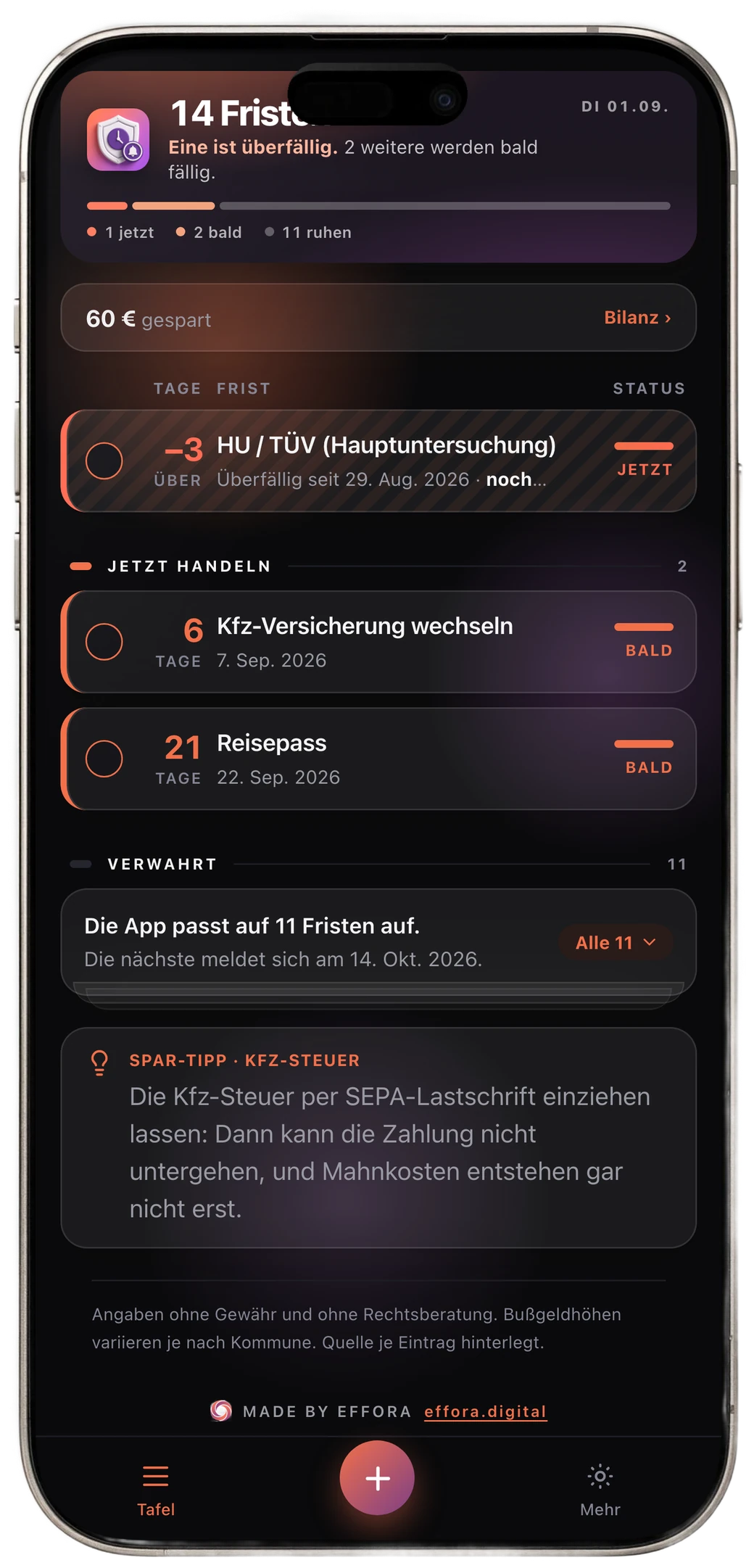 FristWächter auf dem iPhone: die Tafel der Fristen