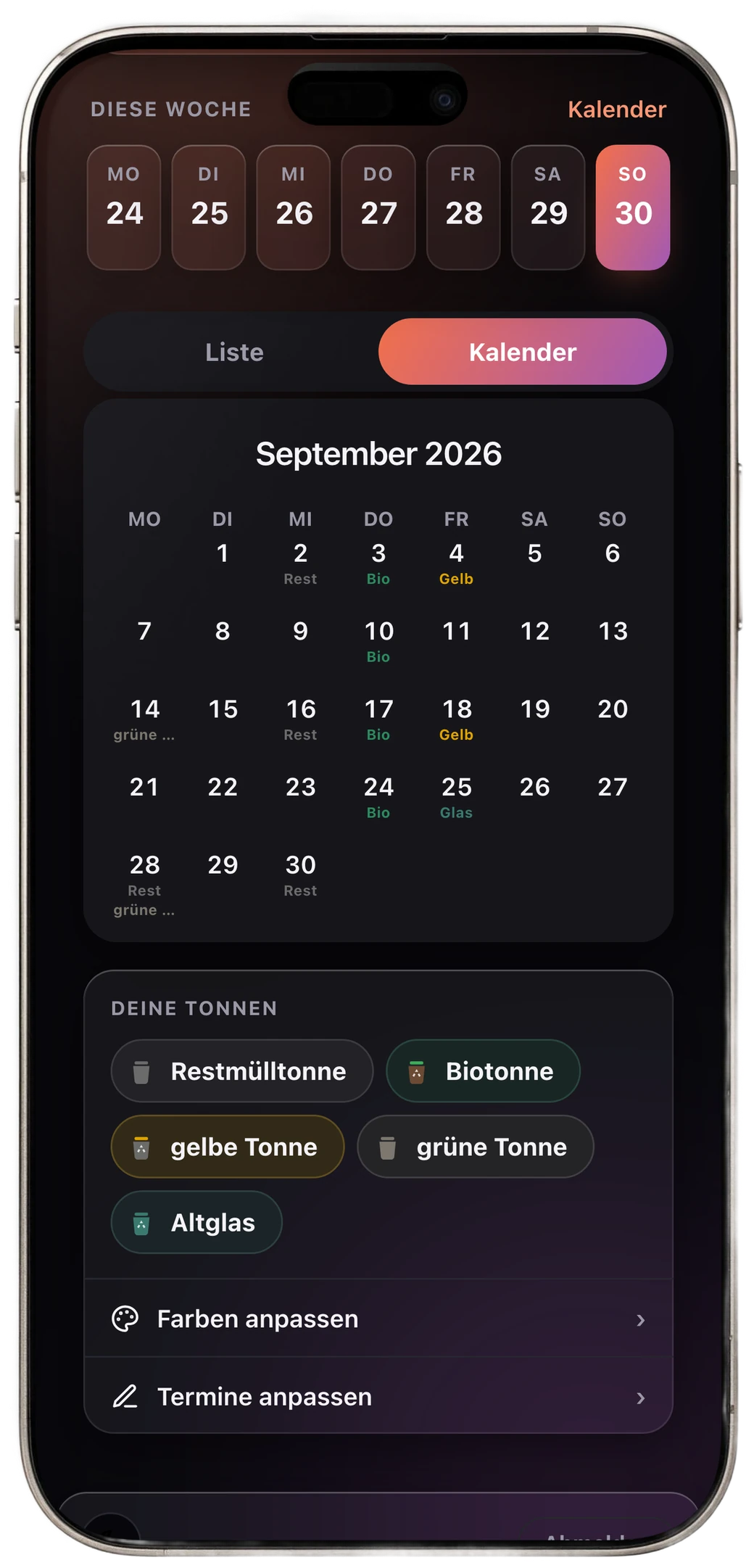 Müll-Kalender auf dem iPhone: der Monatskalender