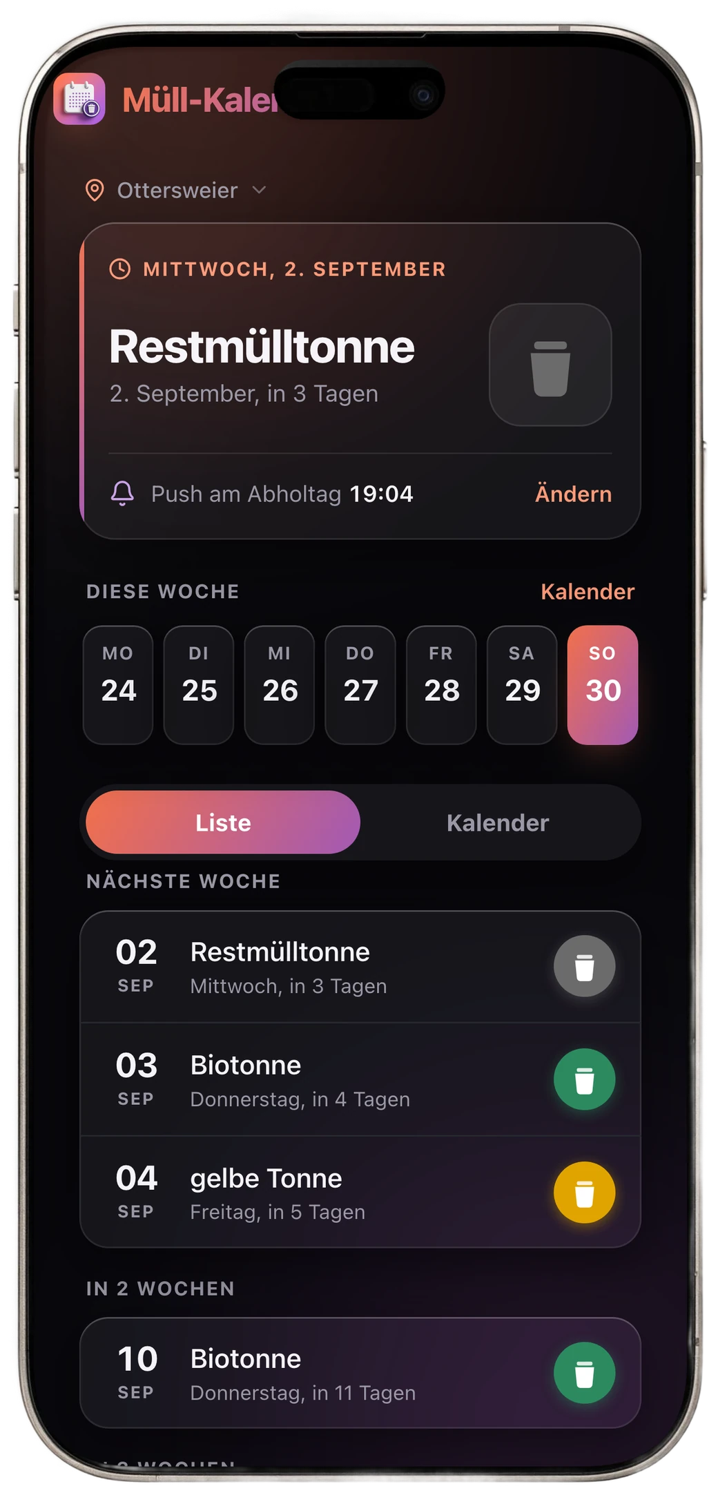 Müll-Kalender auf dem iPhone: die nächste Abholung