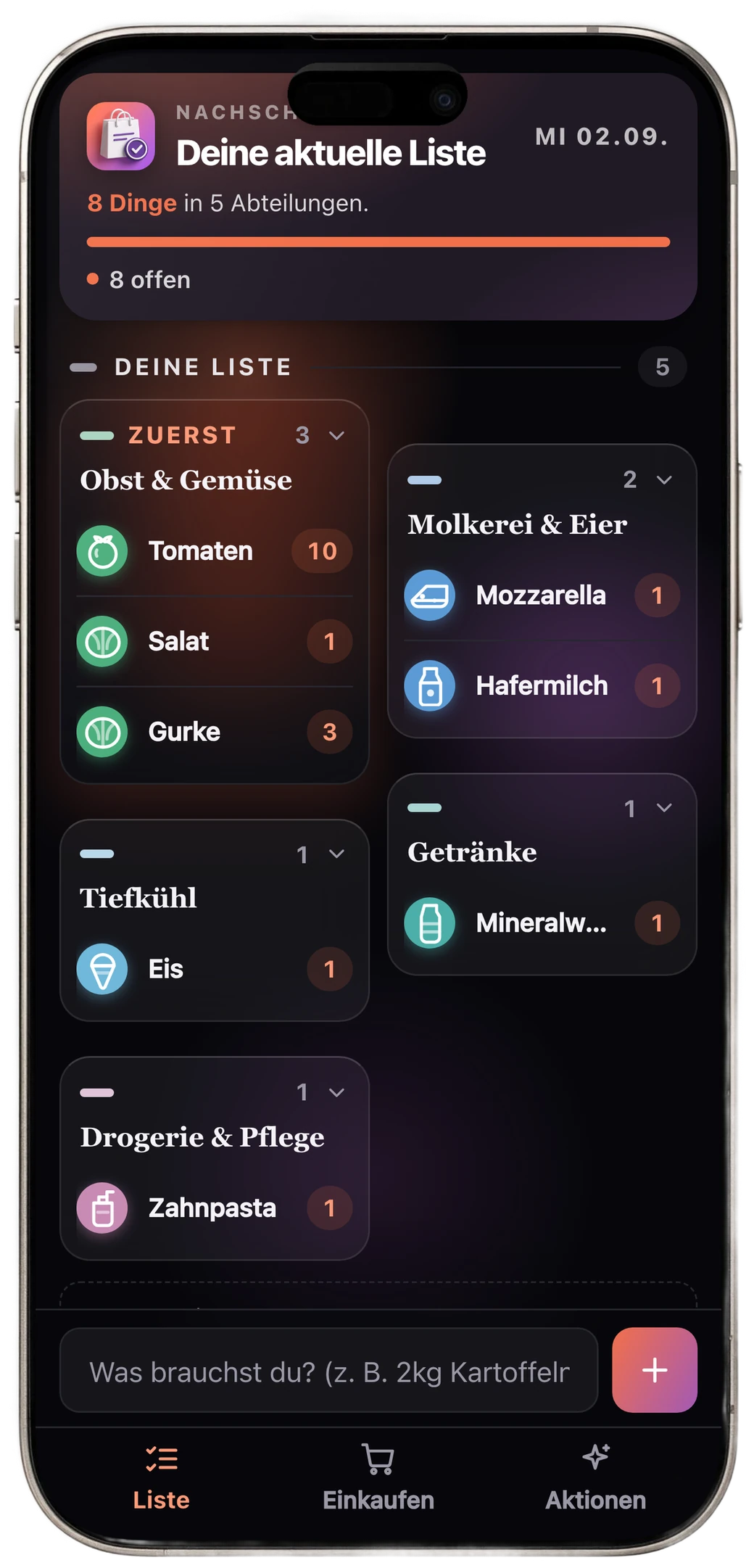 Nachschub auf dem iPhone: die Einkaufsliste nach Abteilungen